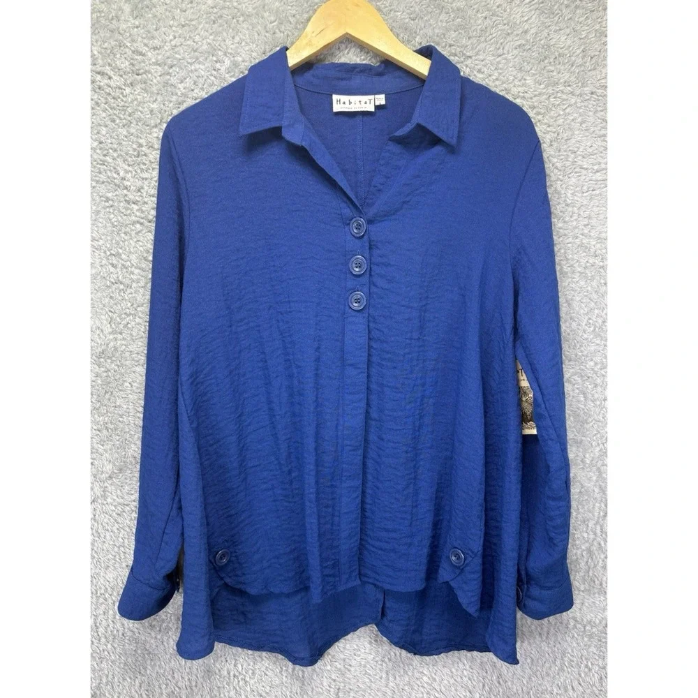 NEW Habitat Womens S Blue Rayon Blend Tunic Button Up Oversized Lagenlook Artsy
